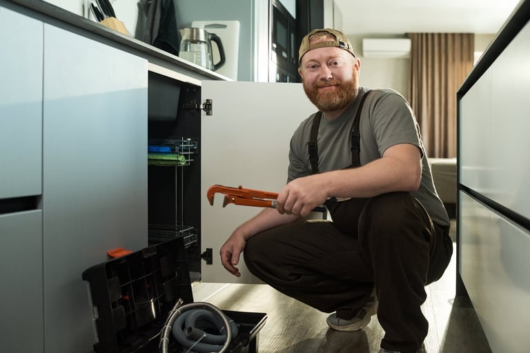 Smiling plumber kneeling in a modern kitchen holding a pipe wrench, performing plumbing repair work
