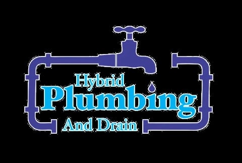 Hybrid Plumbing and Drain logo with blue pipes and faucet on black background