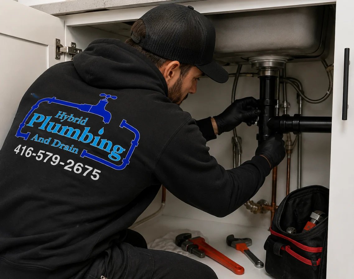 Plumber in black jacket working on under-sink plumbing pipes with tools nearby